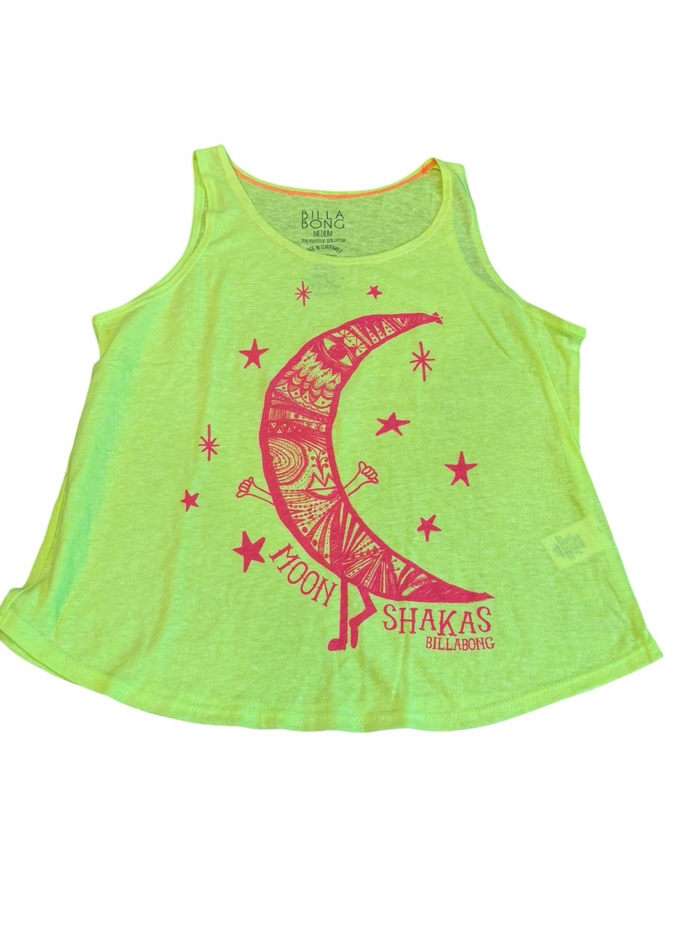 Billabong, Girls Neon Lime Tank Top with Pink Moon Graphic, Size Medium
